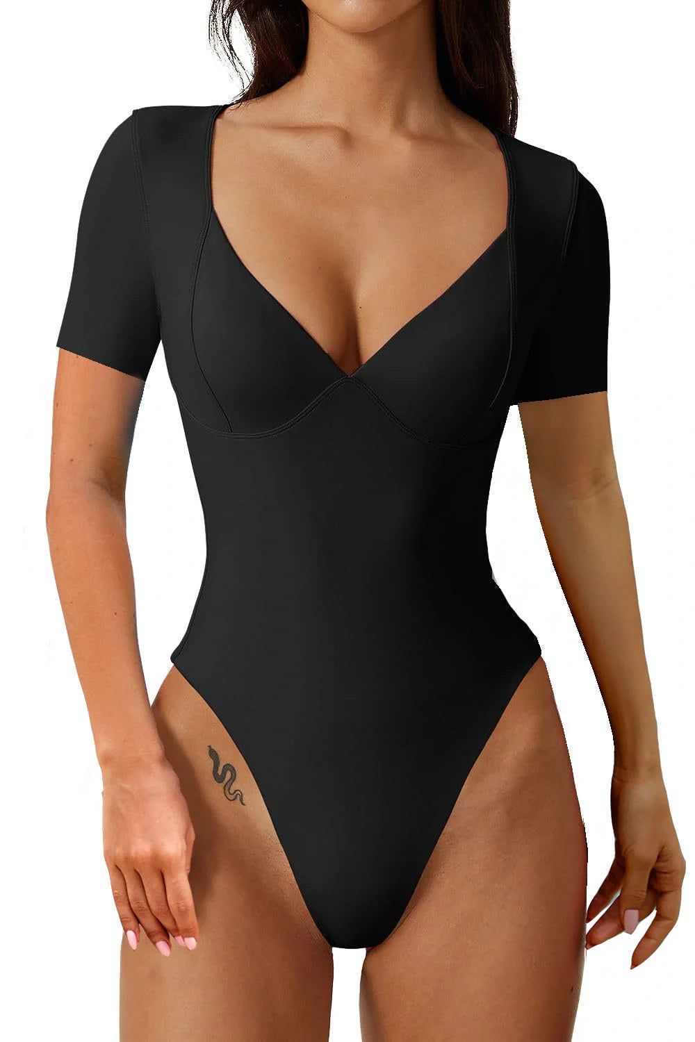 Women's V-Neck Bodysuit with seamed cup in black, beige, and rosered