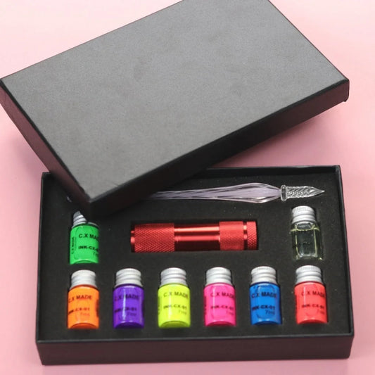 Fluorescent fountain pen dip ink set with eight glow-in-the-dark colours