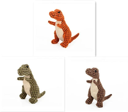 Dinosaur-themed plush chew toys for large dogs, featuring durable corn velvet exterior and soft, squeaky filling materials