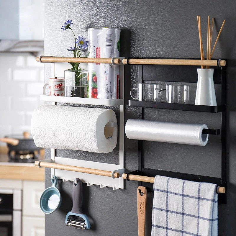 Stylish magnetic refrigerator rack with six storage hooks and wooden crossbar for organising kitchen essentials