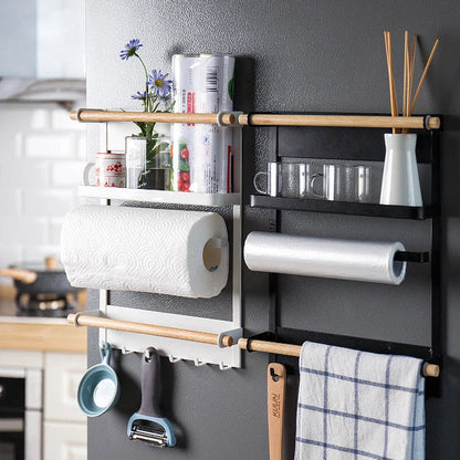 Stylish magnetic refrigerator rack with six storage hooks and wooden crossbar for organising kitchen essentials