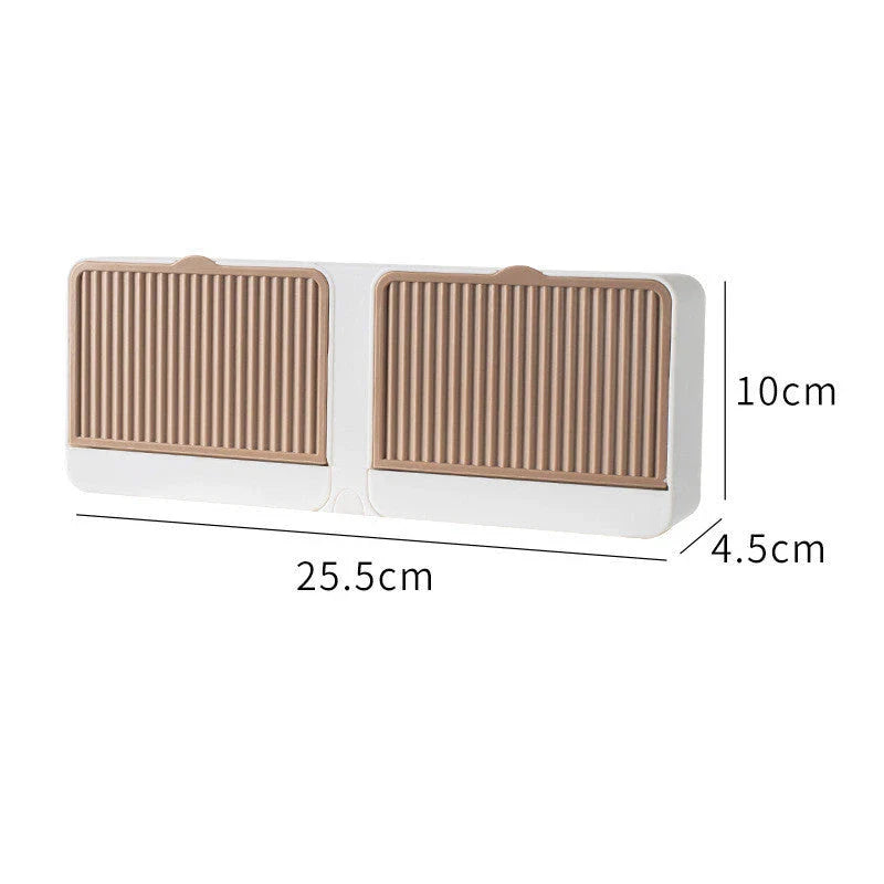 Wall-mounted bathroom storage organizer made of durable iron with compartments for storing bath essentials like sponges, soap, brushes, and towels