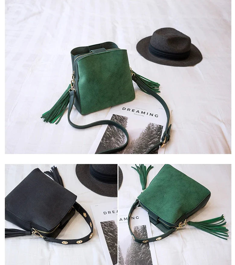 Trendy frosted tassel bucket bag in a range of classic colors, featuring a spacious interior and a dedicated camera pocket for maximum convenience.