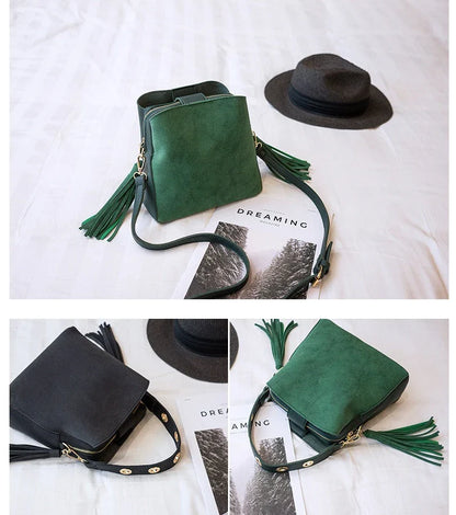 Trendy frosted tassel bucket bag in a range of classic colors, featuring a spacious interior and a dedicated camera pocket for maximum convenience.