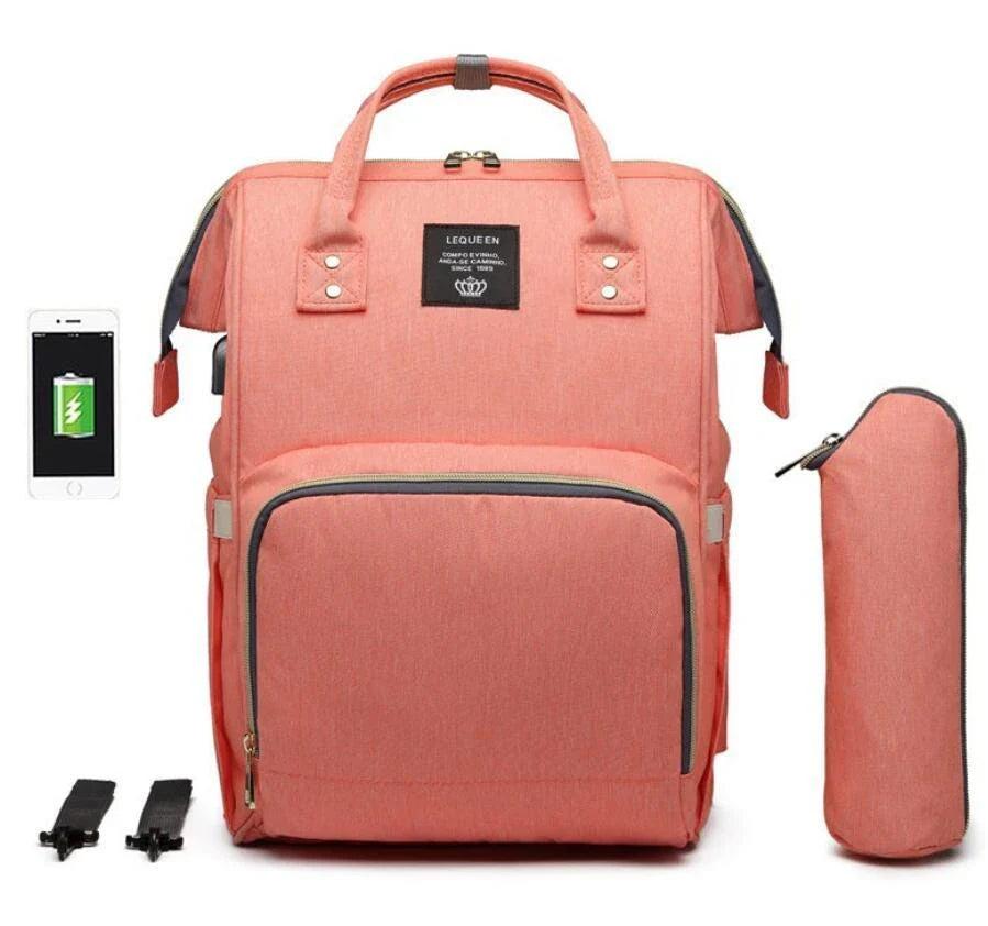 Premium mummy backpack in a range of stylish colours, featuring dedicated compartments for bottles, nappies and personal items.