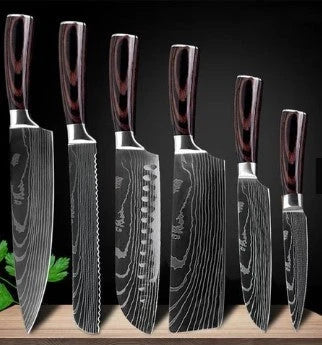 Premium 8-Piece Damascus Steel Kitchen Knife Set with Razor-Sharp Blades and Ergonomic Wooden Handles