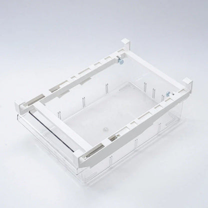 Transparent rectangular storage box with modular grid system for organised storage in kitchen or office