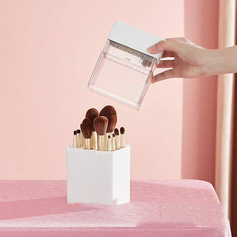 Premium makeup brush organiser with dual-purpose design for drying and storage, holding up to 12 brushes in a sleek and organised manner.