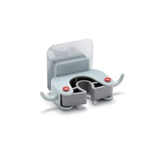 Adhesive wall-mounted mop and broom holder with double hooks for storing cleaning tools, available in multiple colors.