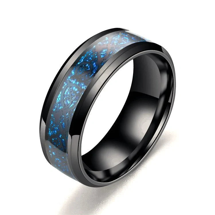 Dragon pattern stainless steel ring in black gold, showcasing intricate design and polished finish.