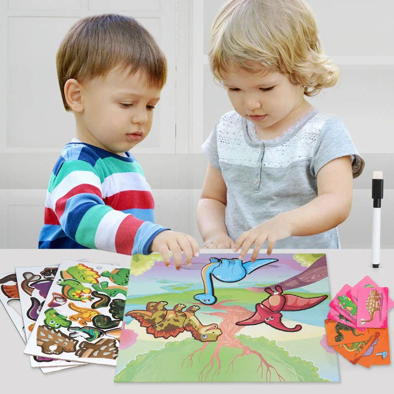 Versatile magnetic puzzle toy with vertical board, magnetic pieces, and rewritable drawing surface for early learning and creativity