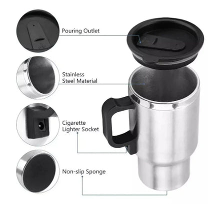 Portable stainless steel car kettle with 12V heating element and vacuum insulation for keeping drinks hot on the go