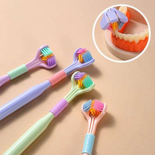 Soft bristle toothbrush with 3-sided brush head for thorough dental cleaning