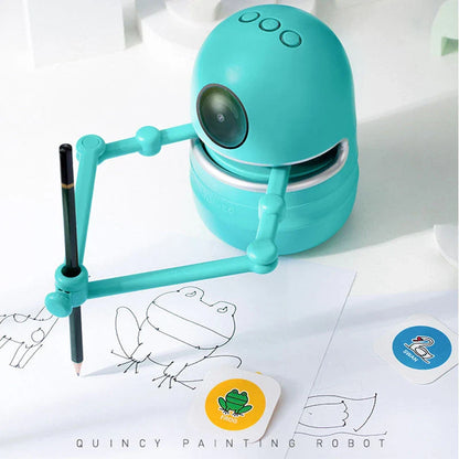 A drawing robot with a suction cup base, designed to guide children through the creative process of drawing and painting