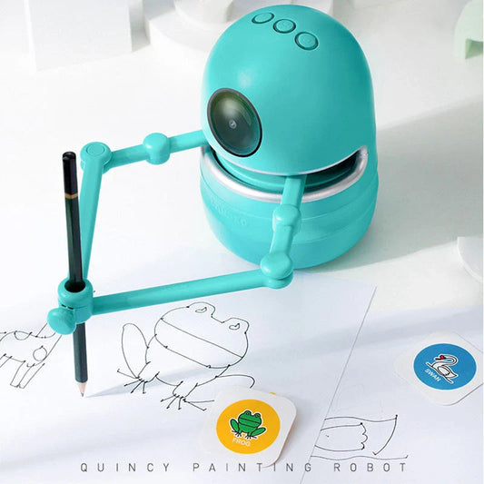 A drawing robot with a suction cup base, designed to guide children through the creative process of drawing and painting