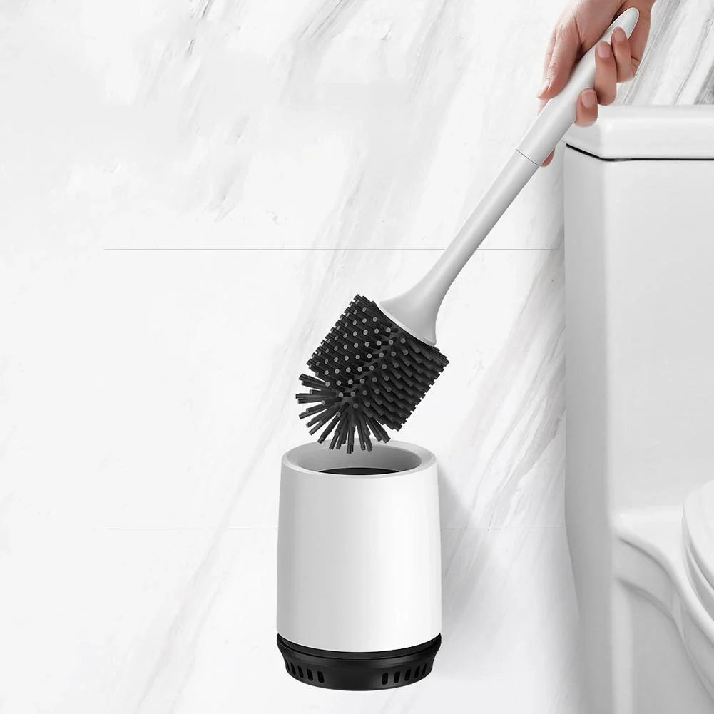 High-quality toilet brush with soft, decontaminated TPR bristles, ergonomic handle, and versatile floor-standing or wall-mounted design.