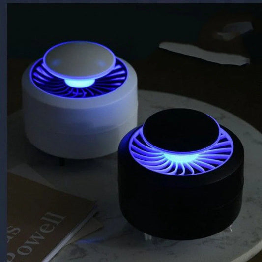 USB Electronic LED Mosquito Repellent Lamp in black and white, featuring escape-proof cage and removable tray