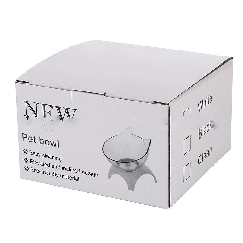 Elevated tilted pet bowl with non-slip stand in transparent, white, and black color options