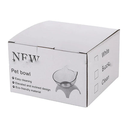 Elevated tilted pet bowl with non-slip stand in transparent, white, and black color options