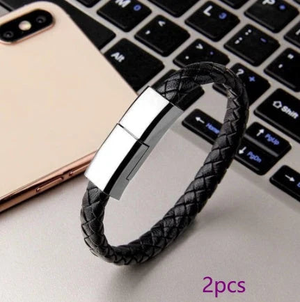 Stylish data cable bracelet in black, white, and brown colors with android, apple, and USB-C connectors