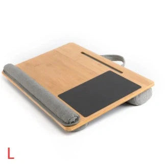Elegant bamboo lap desk with cushioned surface and card slots for relaxing laptop use