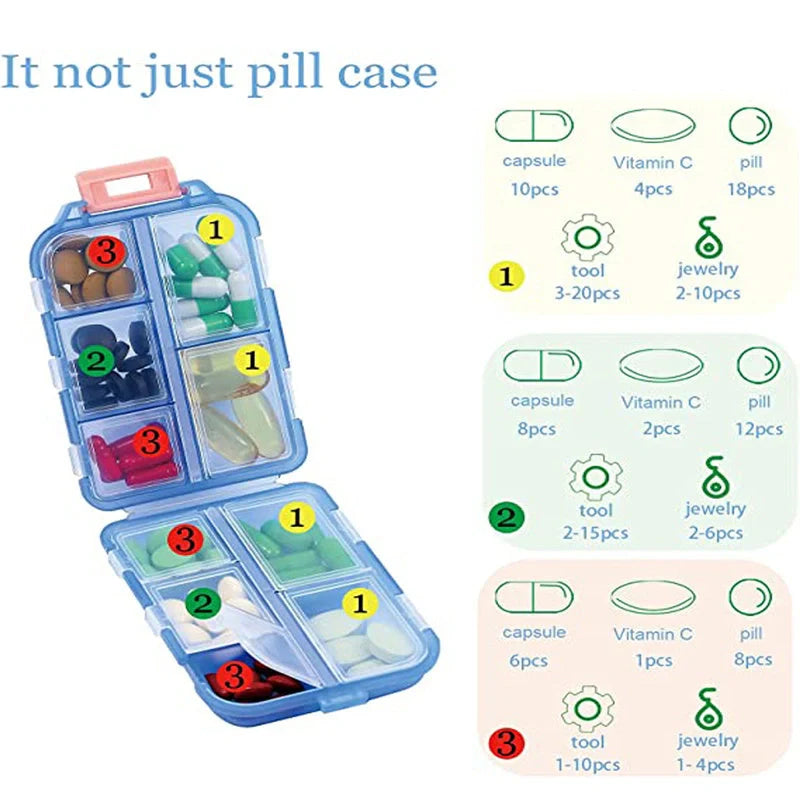 10-grid moisture-proof travel pill organizer in various colours for secure medication storage