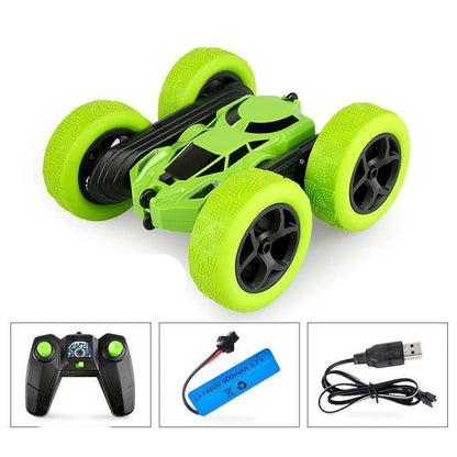 Control Off-Road Double-Sided 360-Degree Flip Stunt Tumbler Charging Racing Car in green colour with cool LED lights and remote control