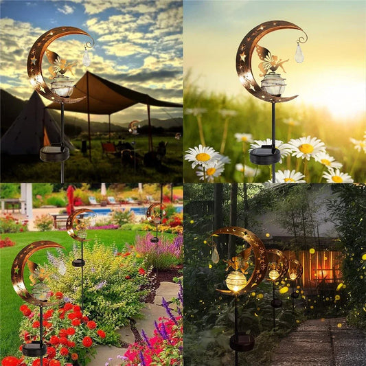 Enchanting solar-powered garden light with fairy and moon design, ideal for illuminating pathways, patios, and outdoor spaces