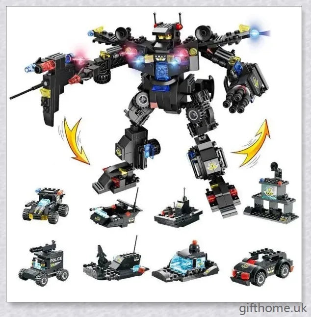 8-in-1 Building Block Set with Robot, Aircraft, Car, Police, and SWAT Transformations