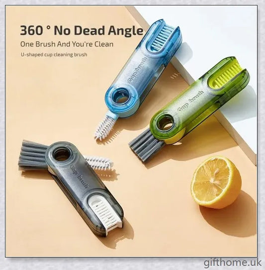 A 3-in-1 cleaning brush set with a spiral brush, bevel corner brush, and sponge for thoroughly cleaning bottles, cups, and hard-to-reach areas
