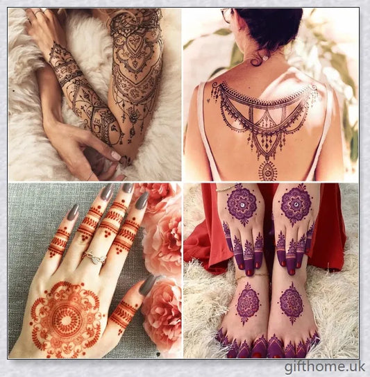 6-piece conical temporary henna tattoo set in vibrant blue, green, orange, red, purple and black colours