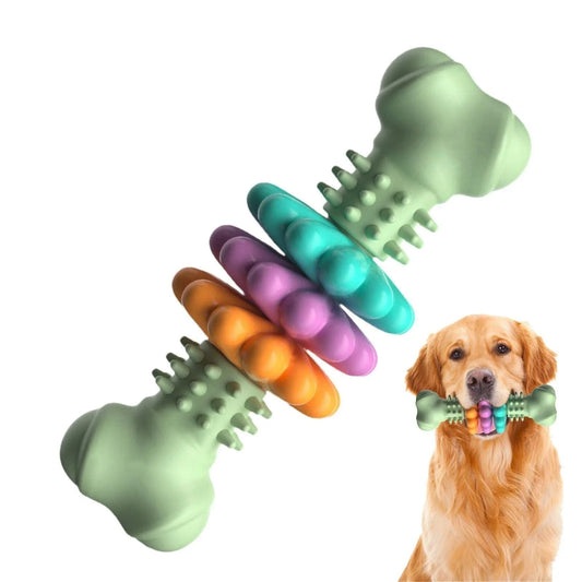 TPR dog chew toy bone shape in blue, pink, and green for teeth cleaning and stress relief
