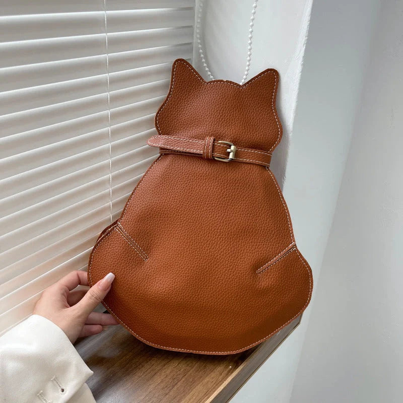 Women's PU leather cat-themed messenger shoulder bag in black, coffee, and brown