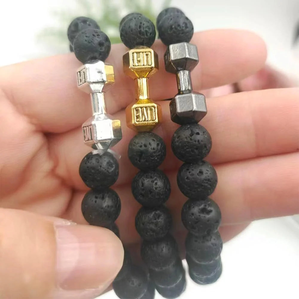 Men's fitness fashion dumbbell bracelet with black and white lava rock and alloy beads