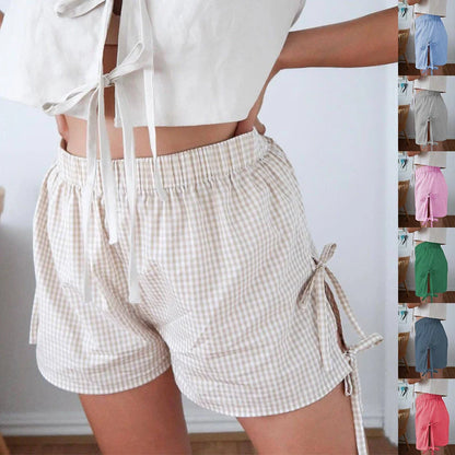 Women's stylish loose plaid shorts with lace-up design for summer