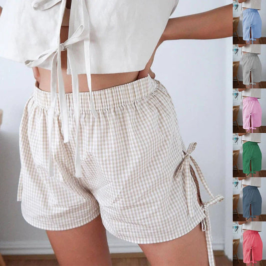 Women's stylish loose plaid shorts with lace-up design for summer