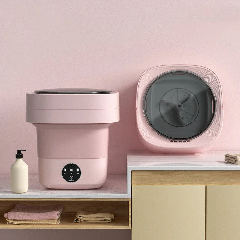 Compact folding washing machine for small spaces and travel, featuring a lightweight, portable design with powerful cleaning capabilities