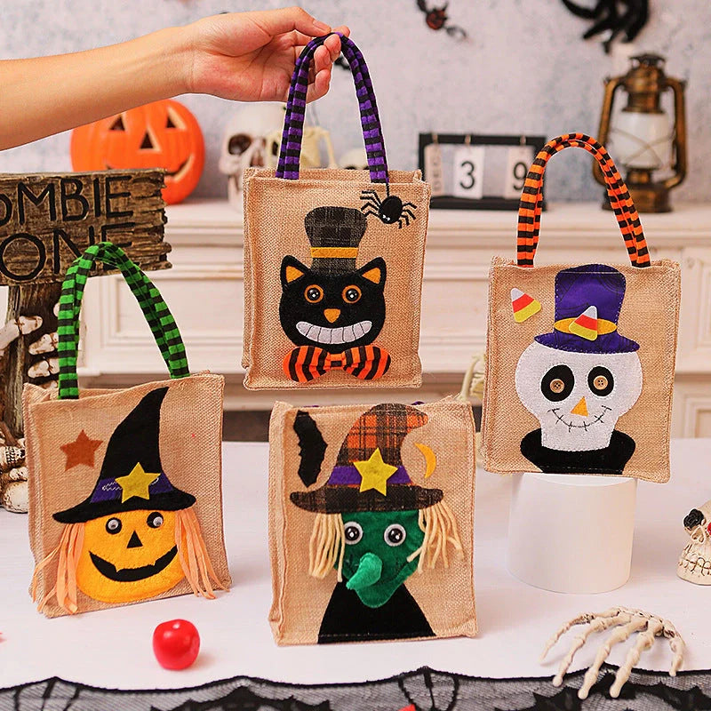 Halloween themed tote bag for kids featuring witch, skull, and pumpkin designs