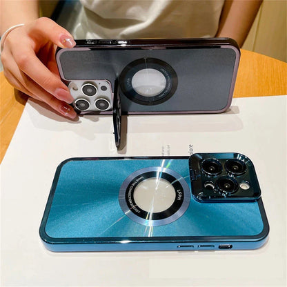 Sleek and stylish Magsafe phone case with invisible camera stand and CD pattern design