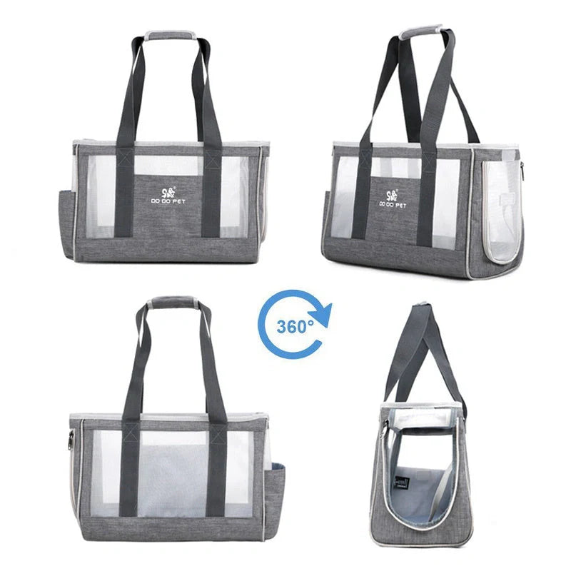 Portable pet carrier backpack in grey, pink, and blue with breathable mesh and large capacity
