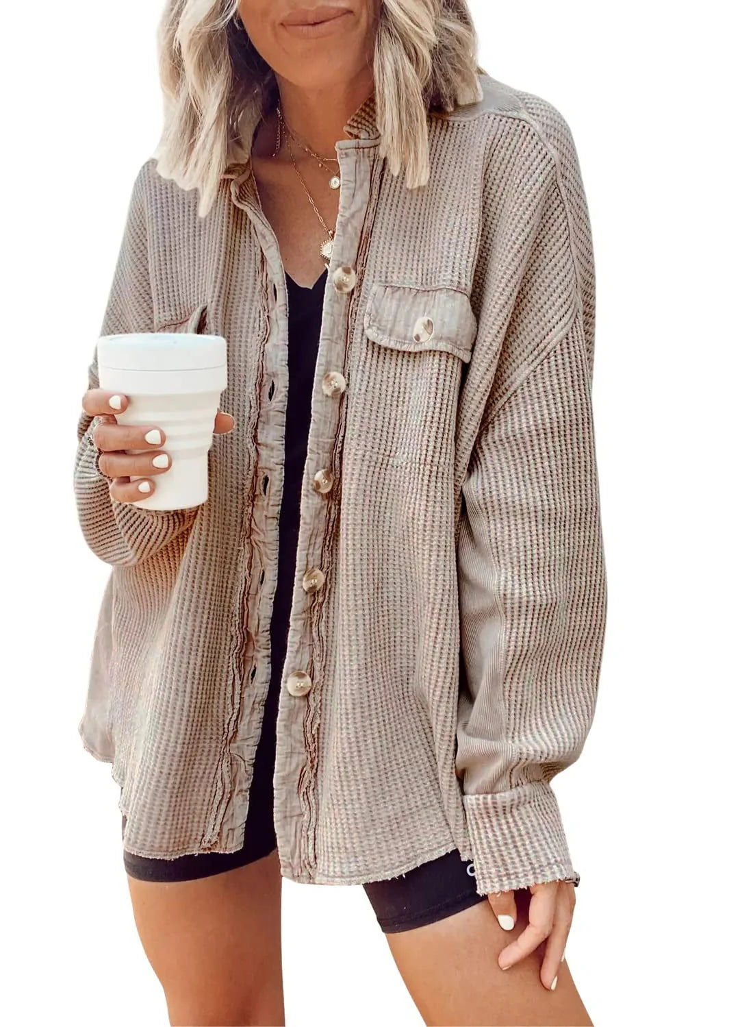 Women's button shirt jacket with lapel and long sleeves in various colours