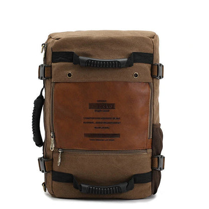 Men's canvas backpack with reinforced handle and multiple pockets