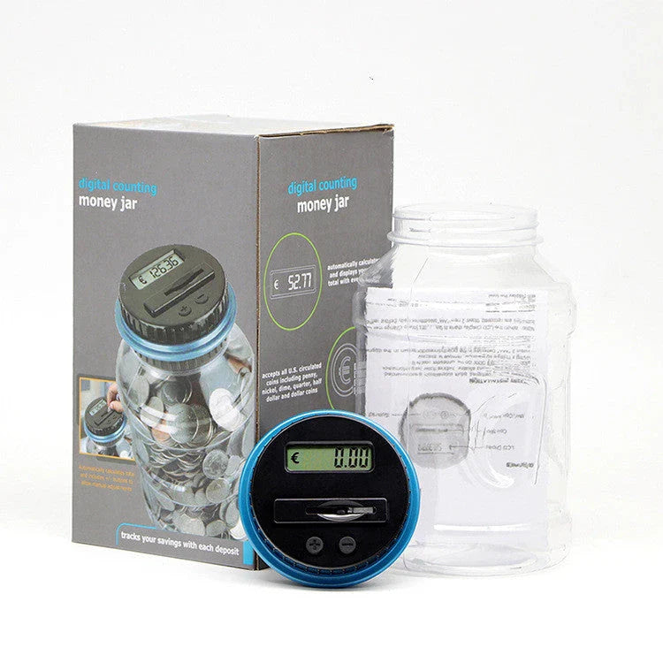 Transparent digital money box with LCD coin counter, designed for effortless coin saving and tracking in the UK
