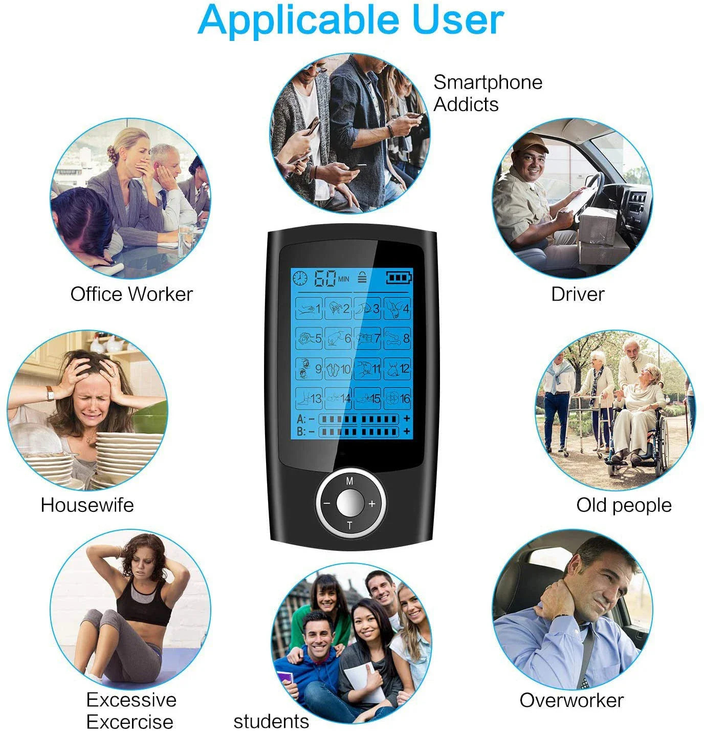 Digital physiotherapy TENS massager with 16 massage modes, adjustable intensity and timer, dual output channels, and compact design for pain relief and muscle relaxation
