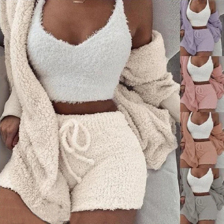 Cozy 3-piece velvet pajama set with long sleeve crop top and drawstring shorts in various colors