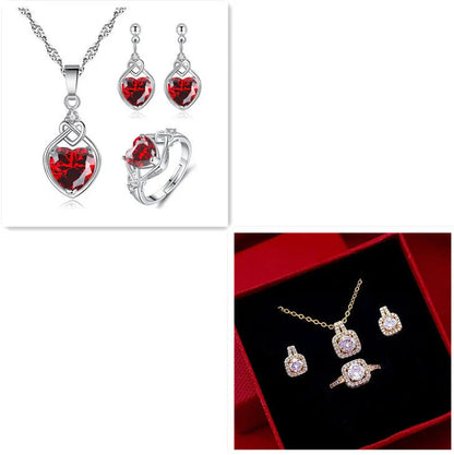 Elegant gold-toned jewelry set with zircon gemstone pendant necklace, stud earrings, and statement ring