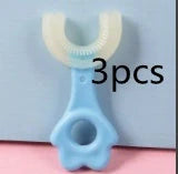 U-shaped baby toothbrush in yellow, pink, and blue, soft silicone for gentle oral care