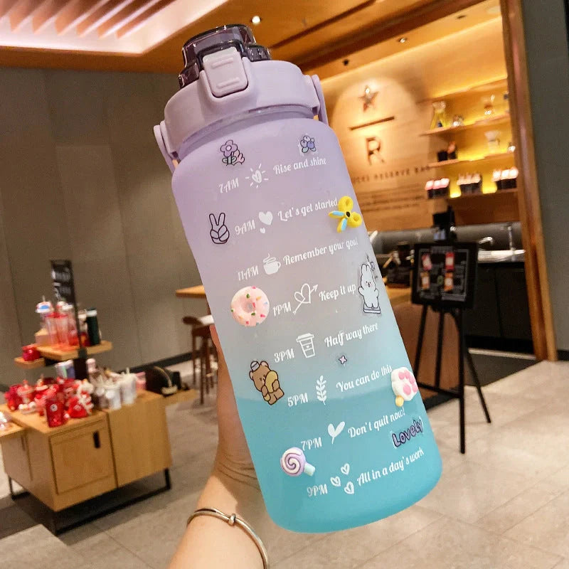 2000ml gradient colour water bottle with straw and stickers, leak-proof design