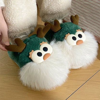 Cozy cartoon deer print slippers with plush lining and half-covered heel design for indoor comfort and warmth