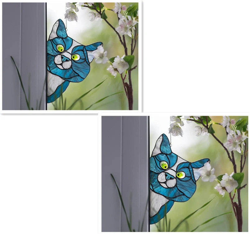 Colourful stained glass cat window hanger decoration, reusable PVC sticker